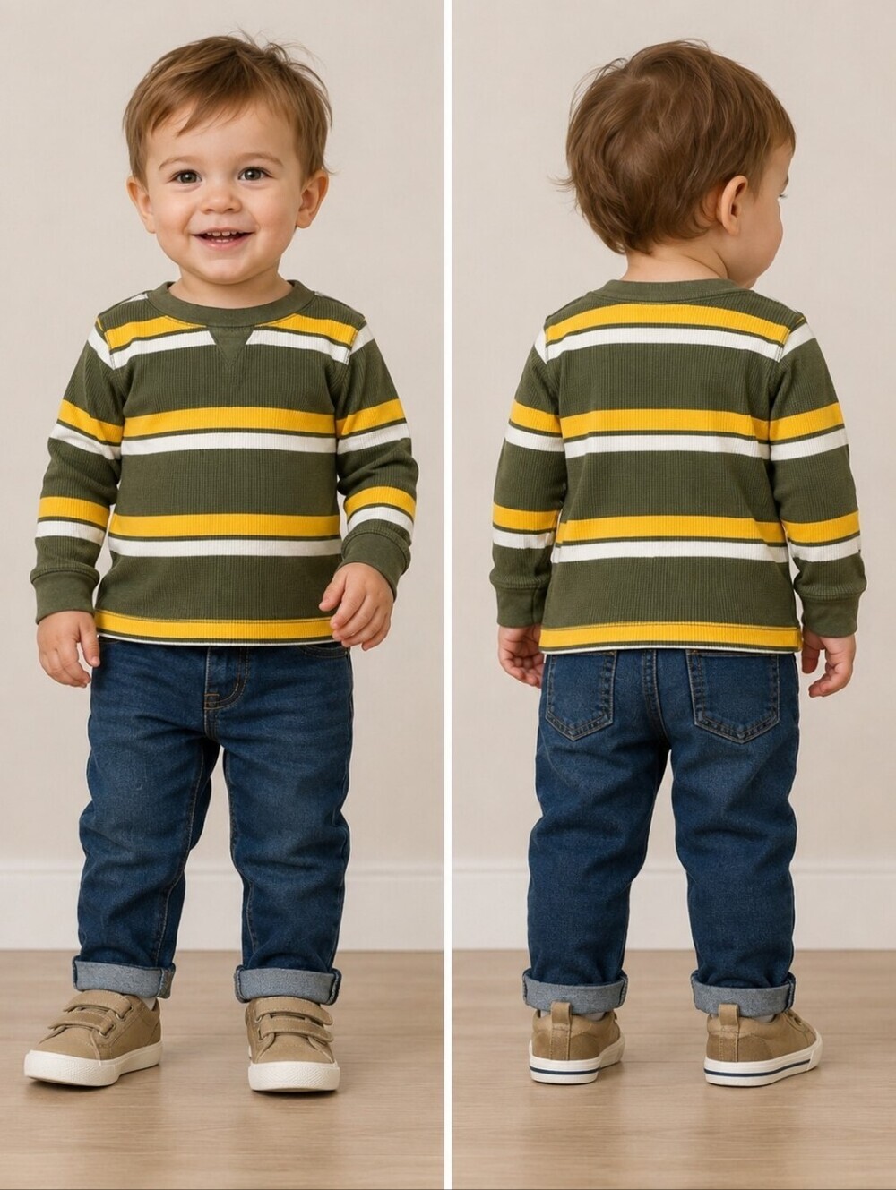 Old Navy Olive Green Yellow White Striped Thermal Long Sleeve Shirt 18-24M EUC